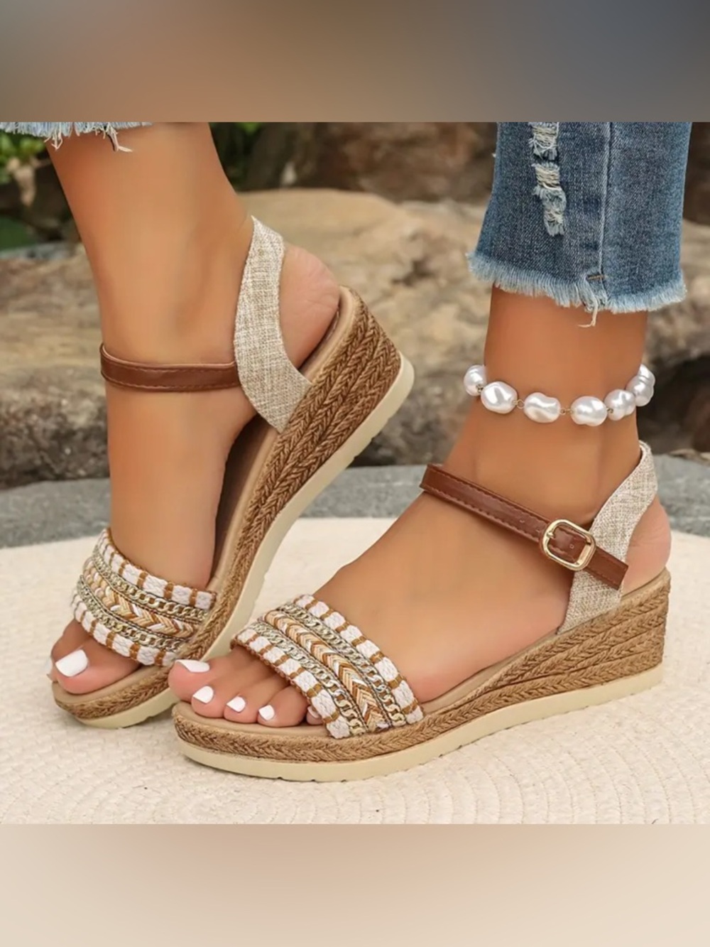 Women’s Braided Espadrille Wedge Sandals - Beige Brown. 2 inch heel